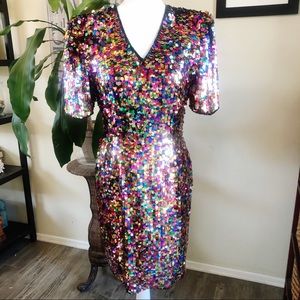Vintage Leslie Fay Rainbow Sequined Dress size 6